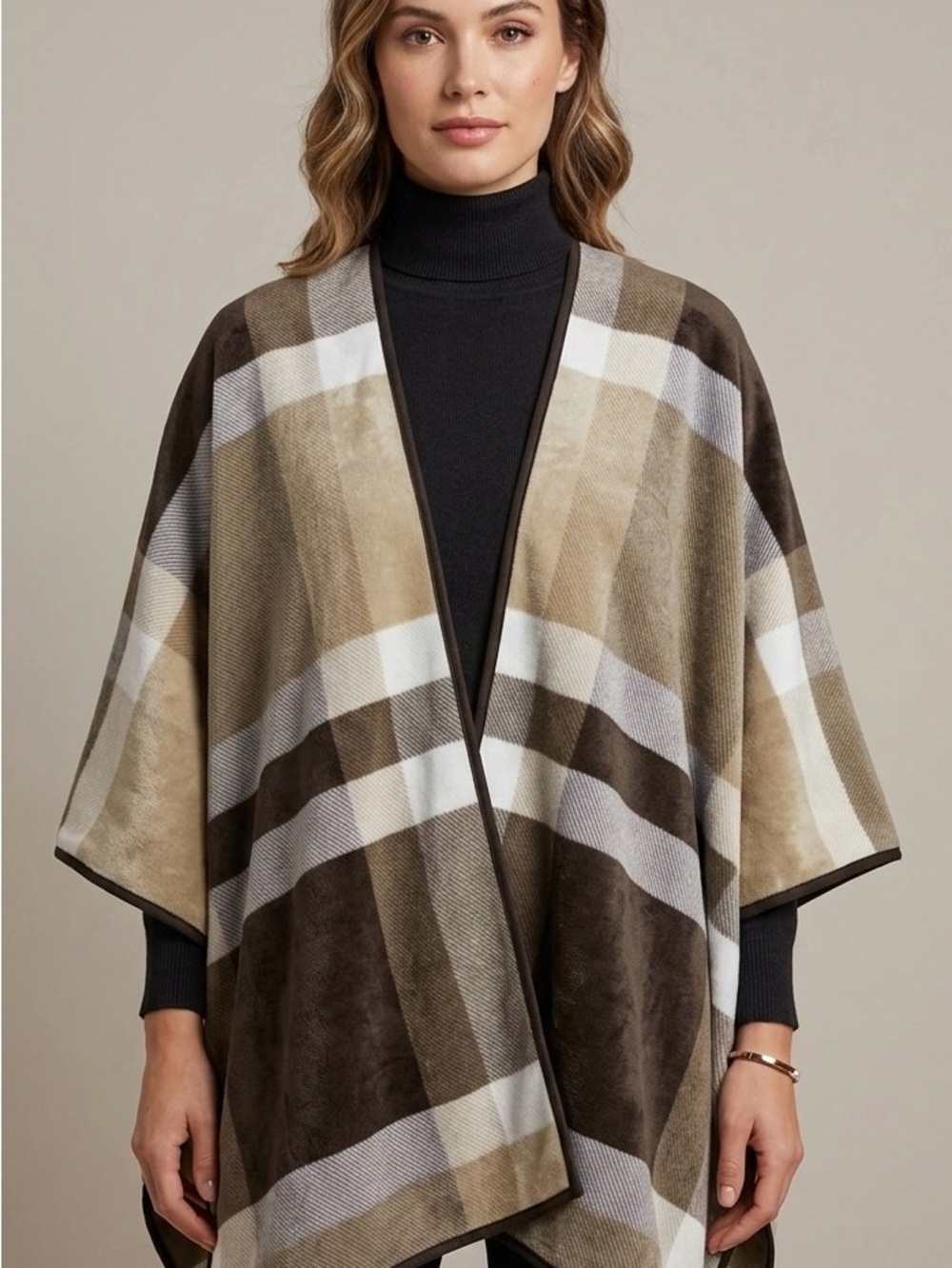 Woolrich Plaid Open Front Poncho Wrap Ruana Cape equestrian western preppy
